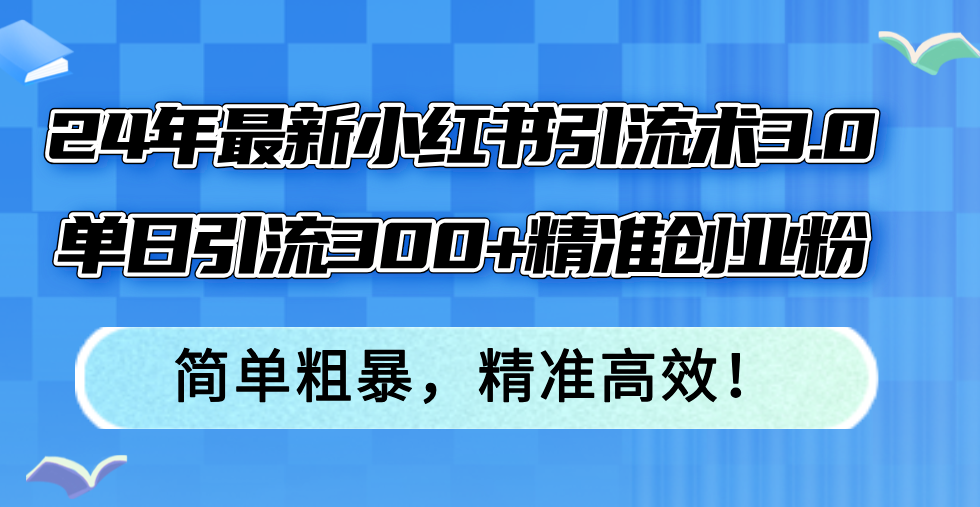 24年最新小红书引流术3.0，单日引流300+精准创业粉，简单粗暴，精准高效！-心语项目网