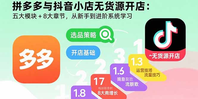 拼多多与抖音小店无货源开店：五大模块+8大章节，从新手到进阶系统学习-心语项目网