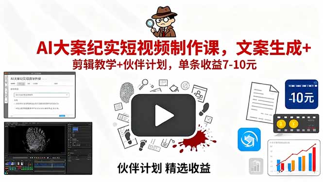 AI大案纪实短视频制作课，文案生成+剪辑教学+伙伴计划，单条收益7-10元-心语项目网