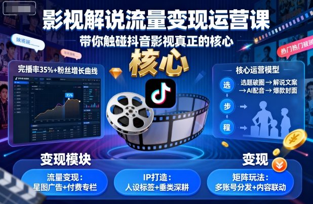 影视解说流量变现运营课，带你触碰抖音影视真正的核心-心语项目网