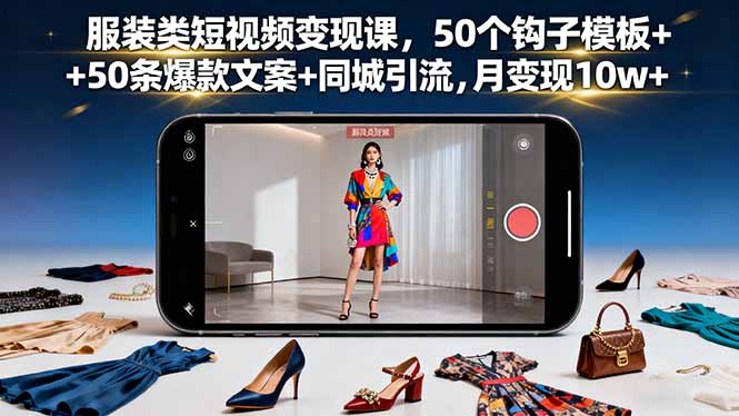 服装类短视频变现课，50个钩子模板+50条爆款文案+同城引流，月变现10w+-心语项目网