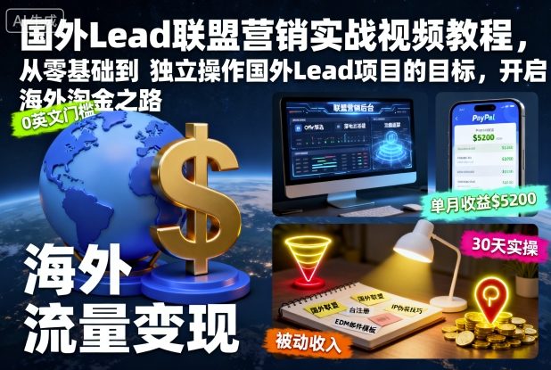 国外Lead联盟营销实战视频教程，从零基础到独立操作国外Lead项目的目标，开启海外淘金之路-心语项目网