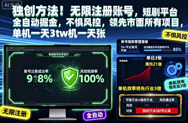 独创方法！无限注册账号，短剧平台全自动掘金，不惧风控，领先市面所有项目，单机一天3张【揭秘】-心语项目网