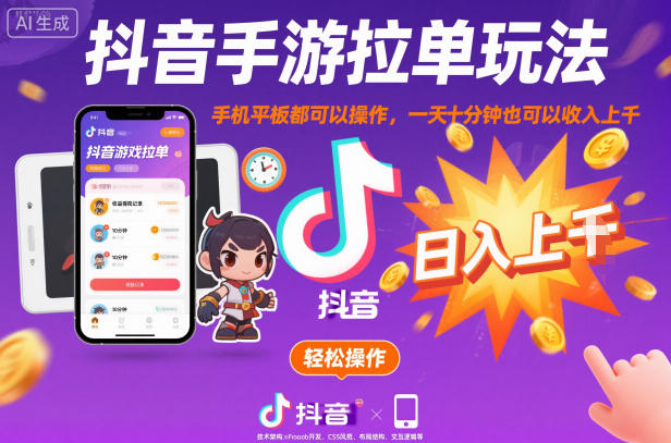 抖音手游拉单玩法，手机平板都可以操作，一天十分钟也可以收入上K【揭秘】-心语项目网