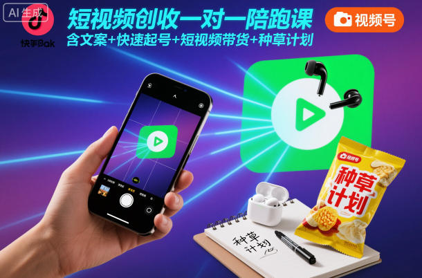 短视频创收一对一陪跑课，含文案+快速起号+短视频带货+种草计划-心语项目网