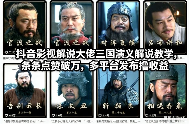 抖音影视解说大佬三国演义解说教学，条条点赞破万，多平台发布撸收益-心语项目网