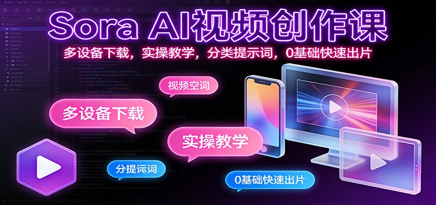 Sora AI视频创作课:多设备下载,实操教学,分类提示词,0基础快速出片-心语项目网