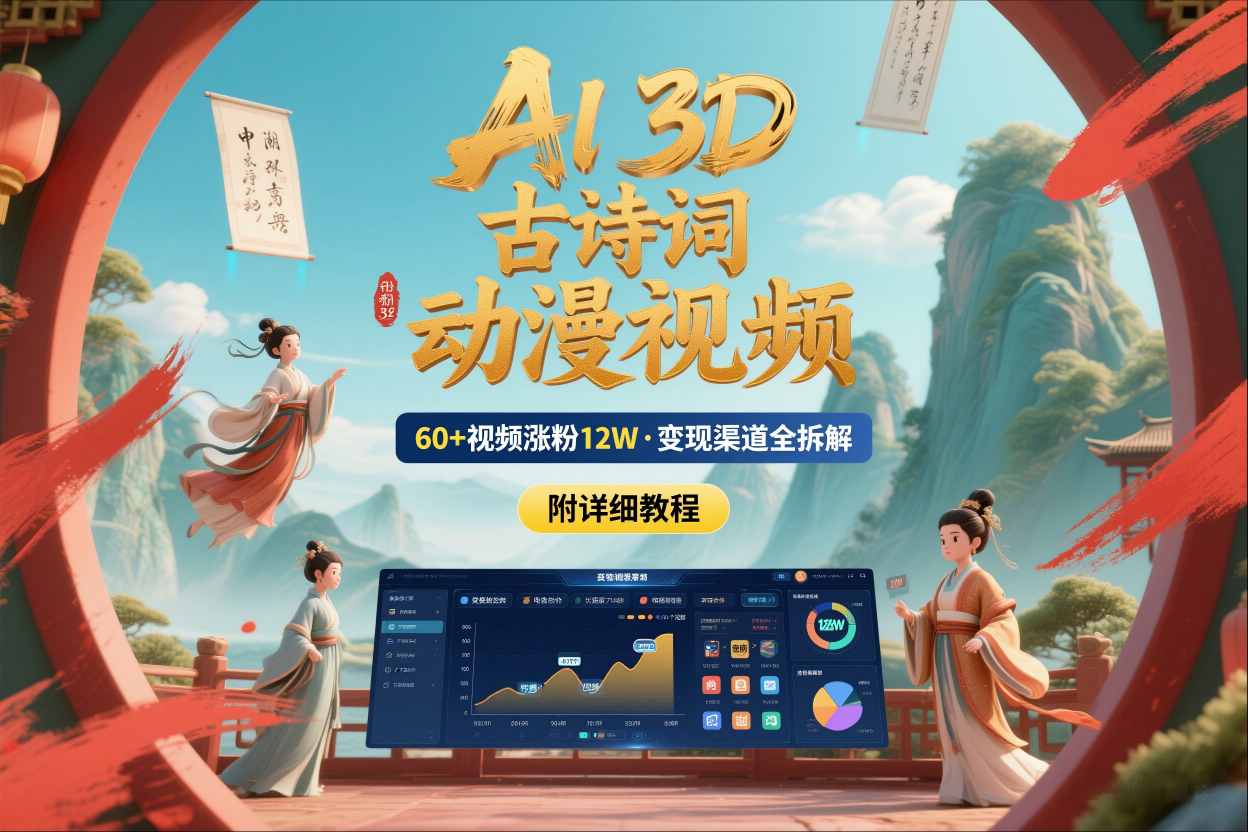 AI制作3D古诗词动漫视频，60多个视频涨粉12W，多个变现渠道拆解【附详细教程】-心语项目网