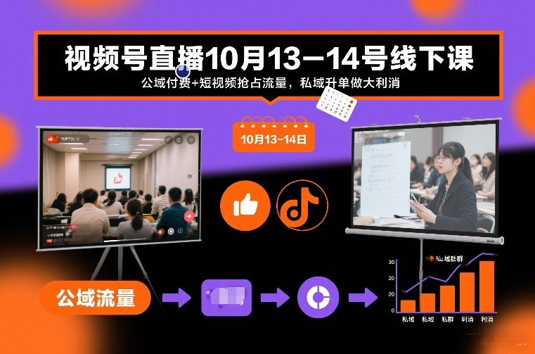 视频号直播10月13-14号线下课，公域付费+短视频抢占流量，私域升单做大利消-心语项目网