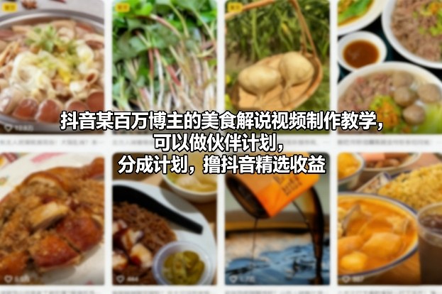 抖音某百万博主的美食解说视频制作教学，可以做伙伴计划，分成计划，撸抖音精选收益-心语项目网