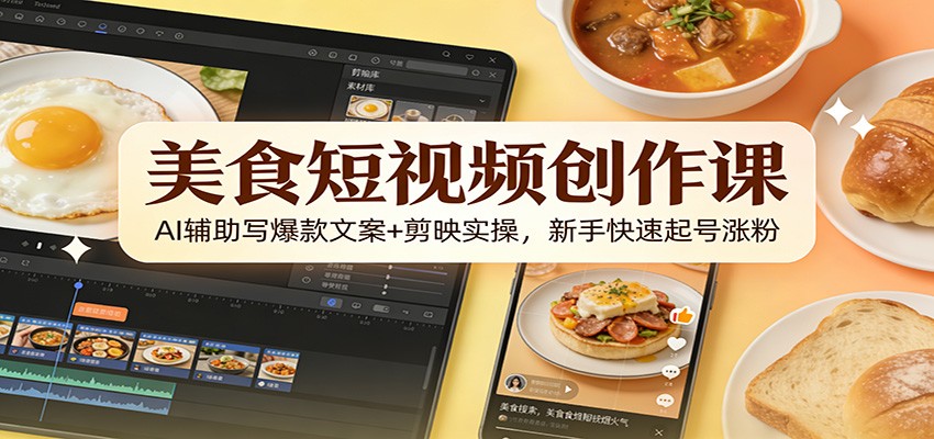 美食短视频创作课:AI辅助写爆款文案+剪映实操,新手快速起号涨粉-心语项目网