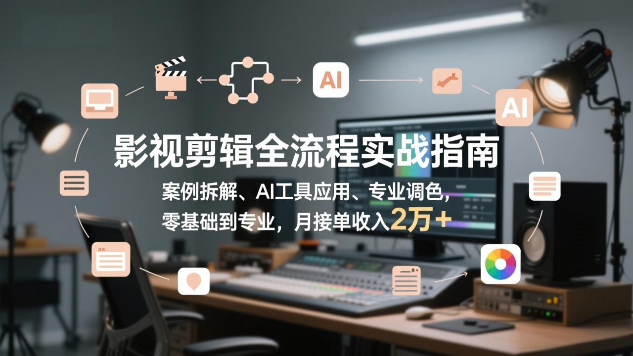 影视剪辑全流程实战指南，案例拆解、AI工具应用、专业调色，零基础到专业，月接单收入2万+-心语项目网