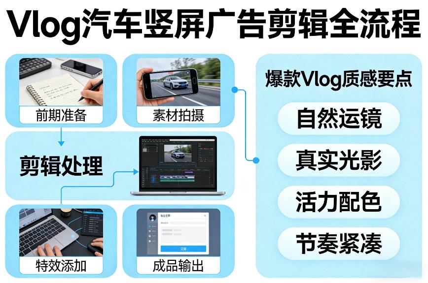 Vlog感觉汽车竖屏广告剪辑脚本全流程，拿捏爆款Vlog质感-心语项目网