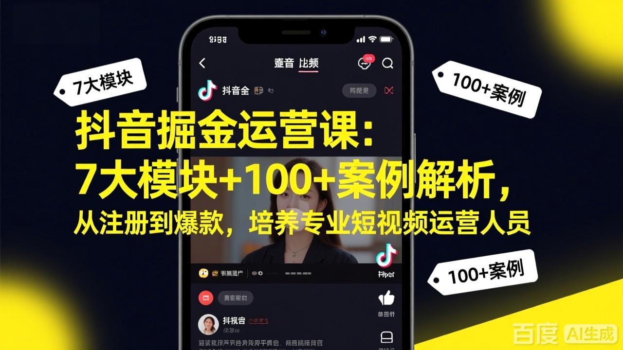 抖音掘金运营课：7大模块+100+案例解析，从注册到爆款，培养专业短视频运营人员-心语项目网