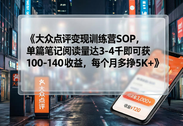 大众点评变现训练营SOP，单篇笔记阅读量达3-4千即可获100-140收益，每个月多挣5K+-心语项目网