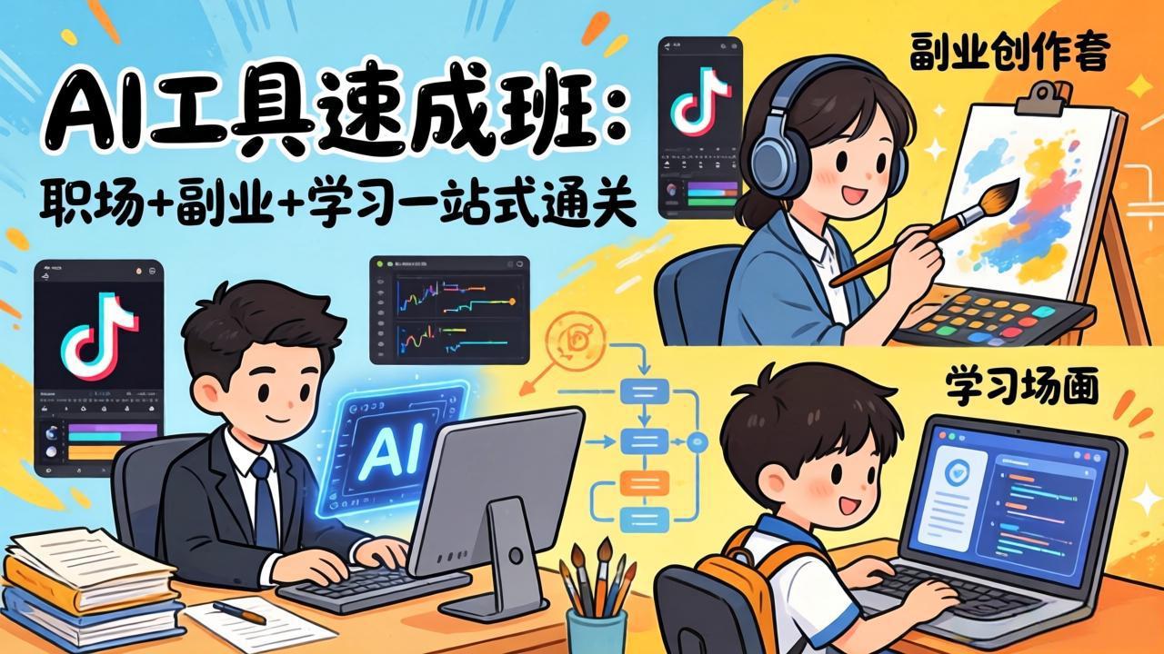 AI工具速成班：职场+副业+学习一站式通关，20+爆款类型+剪映技巧+抖音算法，0基础快速上手-心语项目网