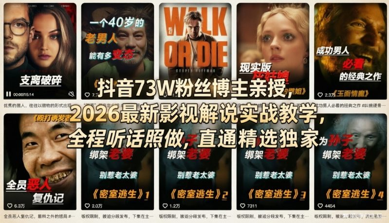 抖音73W粉丝博主亲授，2026最新影视解说实战教学，全程听话照做，直通精选独家-心语项目网