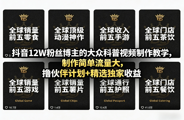 抖音12W粉丝博主的大众科普视频制作教学，制作简单流量大，撸伙伴计划+精选独家收益-心语项目网