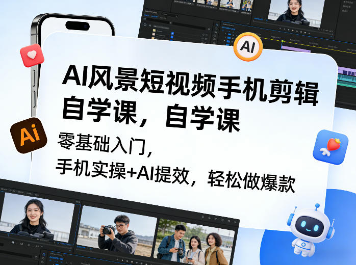 AI风景短视频手机剪辑自学课，零基础入门，手机实操+AI提效，轻松做爆款-心语项目网