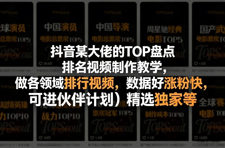 抖音某大佬的TOP盘点排名视频制作，做各领域排行视频，数据好涨粉快，可进伙伴计划＋精选独家等-心语项目网