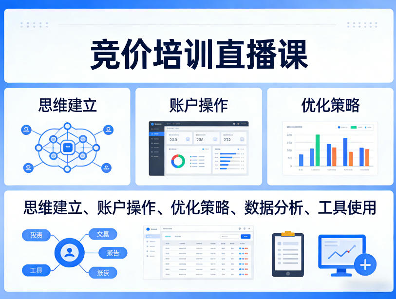 竞价培训直播课，覆盖思维建立、账户操作、优化策略、数据分析、工具使用等，全方位提升效果-心语项目网