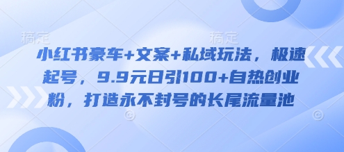 小红书豪车+文案+私域玩法，极速起号，9.9元日引100+自热创业粉，打造永不封号的长尾流量池-心语项目网