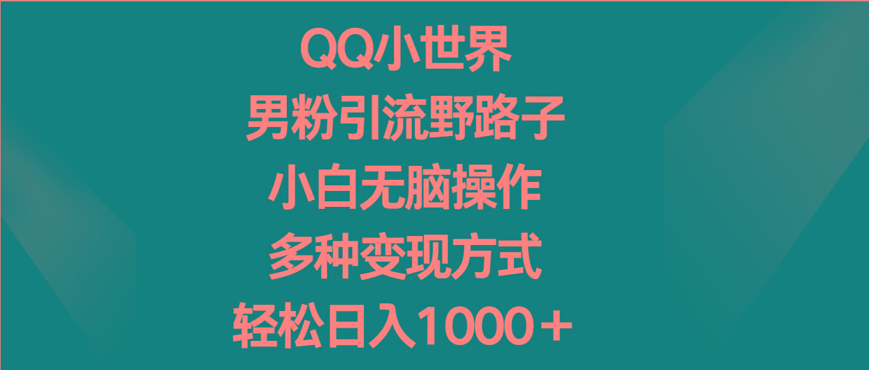QQ小世界男粉引流野路子，小白无脑操作，多种变现方式轻松日入1000＋-心语项目网