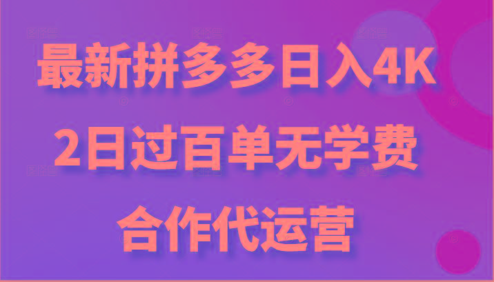 最新拼多多，日入4K+，2日过百单无学费，合作代运营-心语项目网